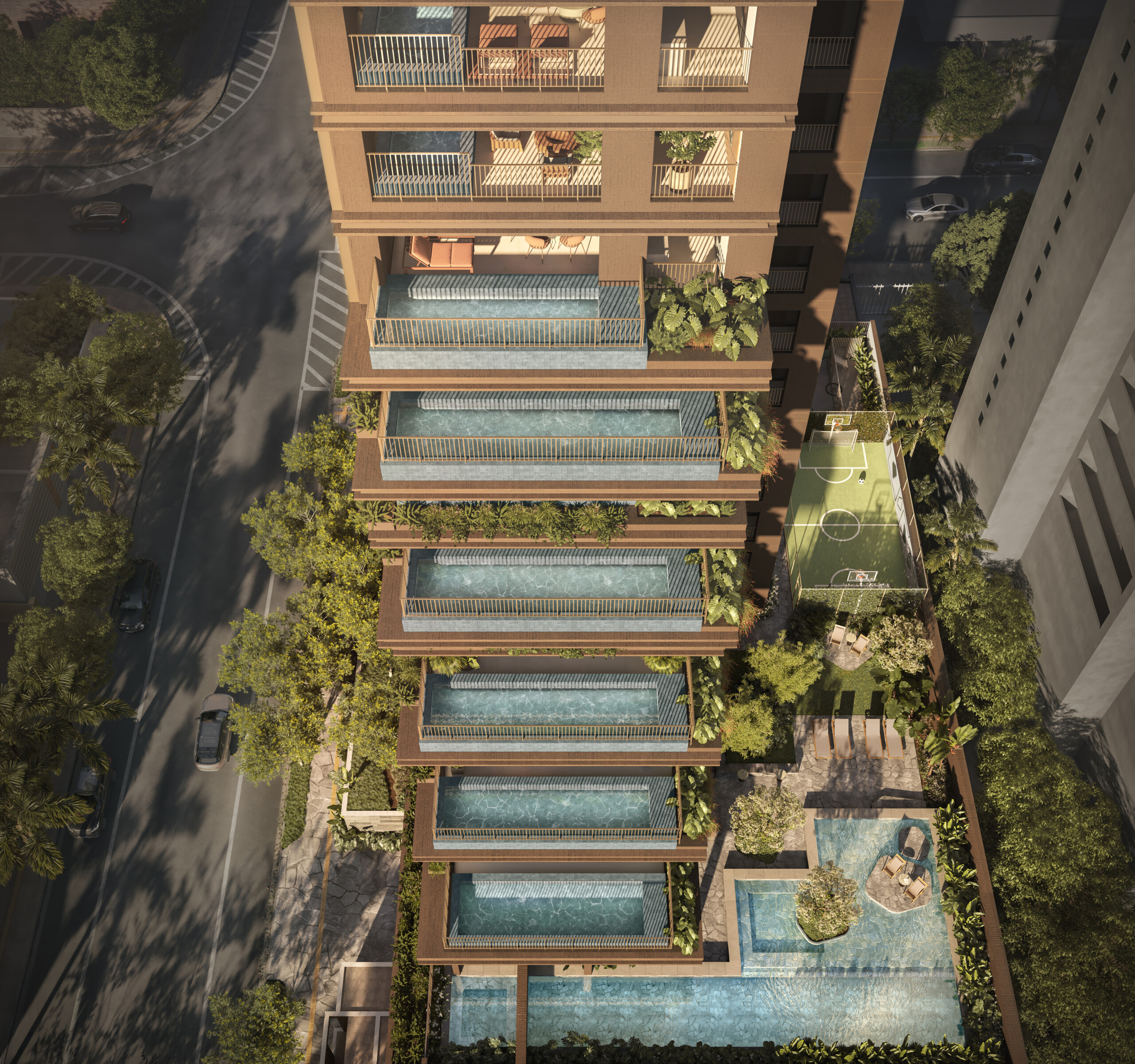 Vista aérea exclusiva da fachada do Solenne, demonstrando a arquitetura de altíssimo padrão com suas varandas escalonadas, piscinas privativas, áreas de lazer externas e quadra esportiva integradas à vegetação tropical.